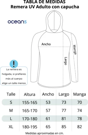 TABLA DE TALLES UV REMERA ADULTO CON CAPUCHA Remera UV Adulto con capucha